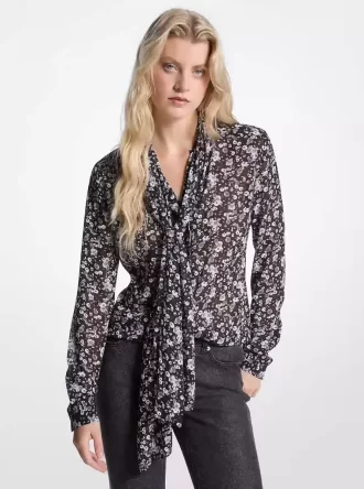 Georgette blouse met bloemenprint en strikhals Georgette blouse met bloemenprint en strikhals