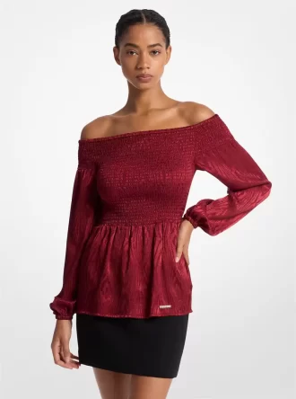 Gesmokte Moiré Jacquard Off-The-Shoulder Top