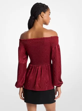 Gesmokte Moiré Jacquard Off-The-Shoulder Top