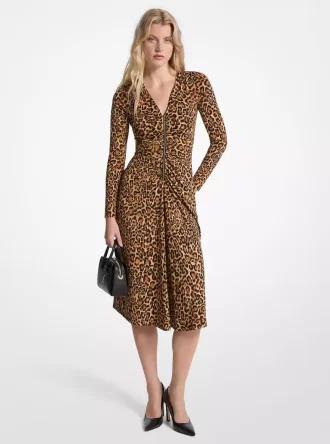 Matte jersey jurk met luipaardprint en ruches